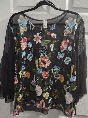 Floral Embroidered Black Mesh Women's Top